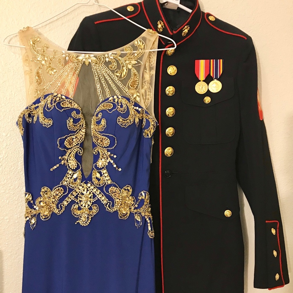 Royal Blue and Gold Embellished Illusion Gown